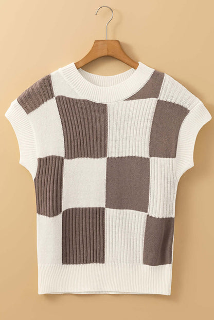 Khaki Checkered Color Block Crew Neck Short Sleeve Sweater - Cute Clothes Online - In Style Chics Boutique Women's Juniors 