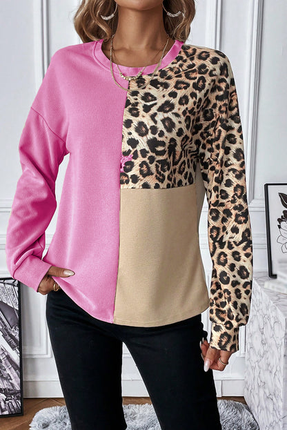 Pale Khaki Casual Waffle Knit Leopard Contrast Long Sleeve Top - In Style Chics Boutique LLC