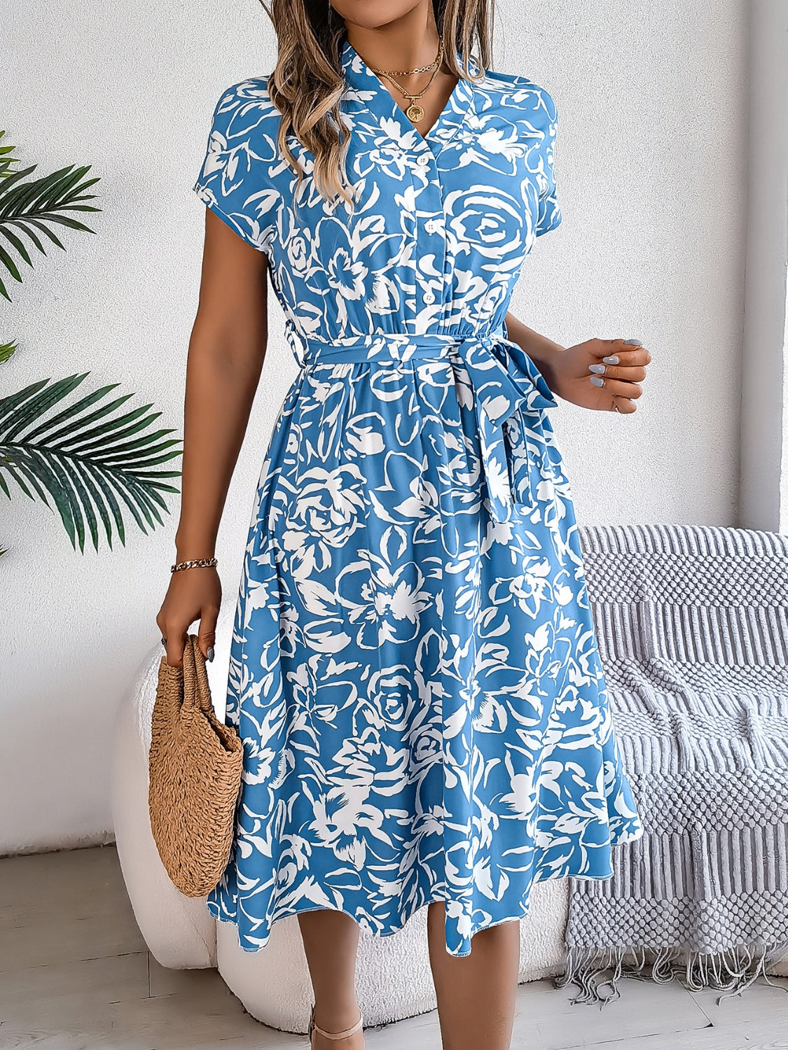 Printed V-Neck Short Sleeve Dress - In Style Chics Boutique LLC