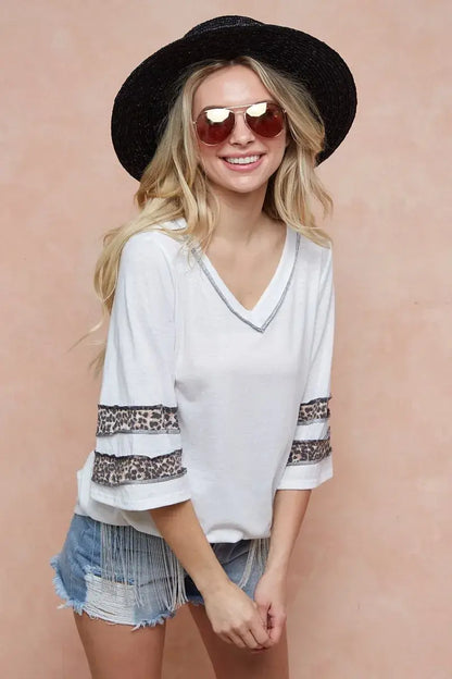 Triblend Knit Top with Leopard Band Detail - Ship from USA - In Style Chics Boutique Women's Juniors Apparel Online
