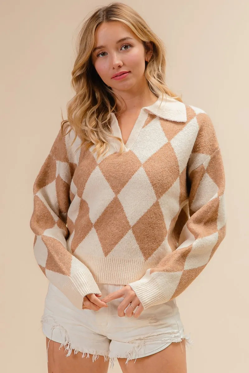 Diamond Pattern Collared Notch Neck Sweater at In Style Chics Boutique 