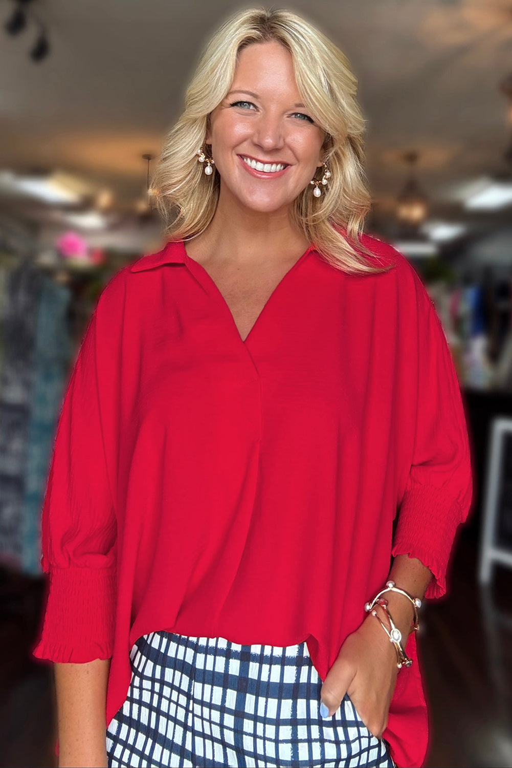 Shop this  🔥 Fiery Red Solid Color Collared Loose Tunic Top at In Style Chics Boutique ♥️