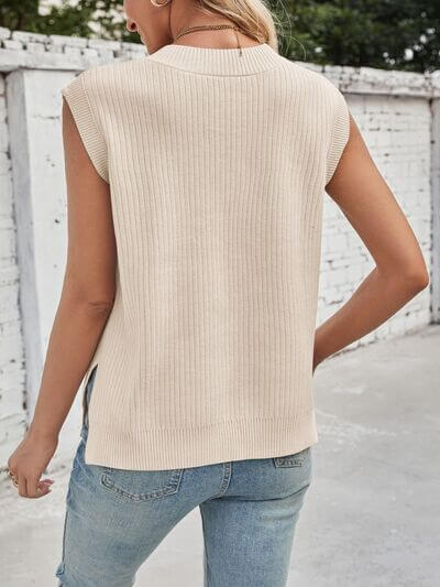 Women's Ribbed V-Neck Slit Sweater Vest - In Style Chics Boutique 