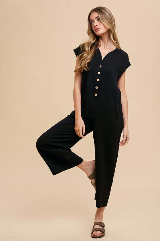 Annie Wear Button Detail Wide Leg Jumpsuit with Pockets - In Style Chics Boutique LLC