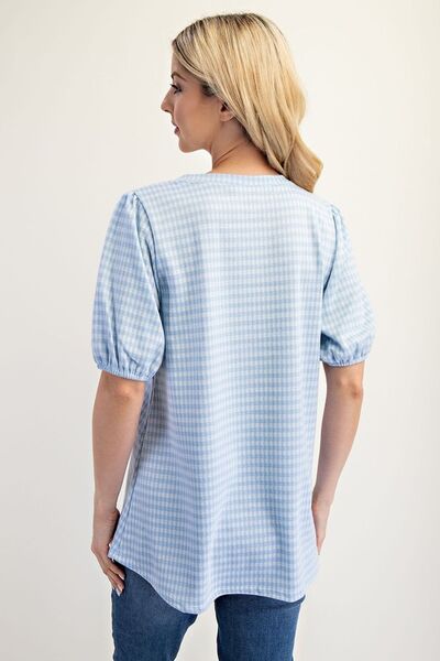 Gingham Print Top With Puff Sleeves Made in USA- In Style Chics Boutique Online Clothing 