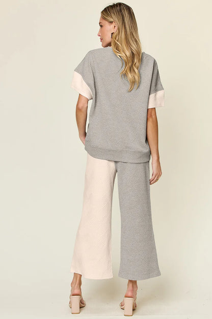 Textured Contrast T-Shirt and Wide Leg Pants Set - In Style Chics Boutique Women's Clothes 