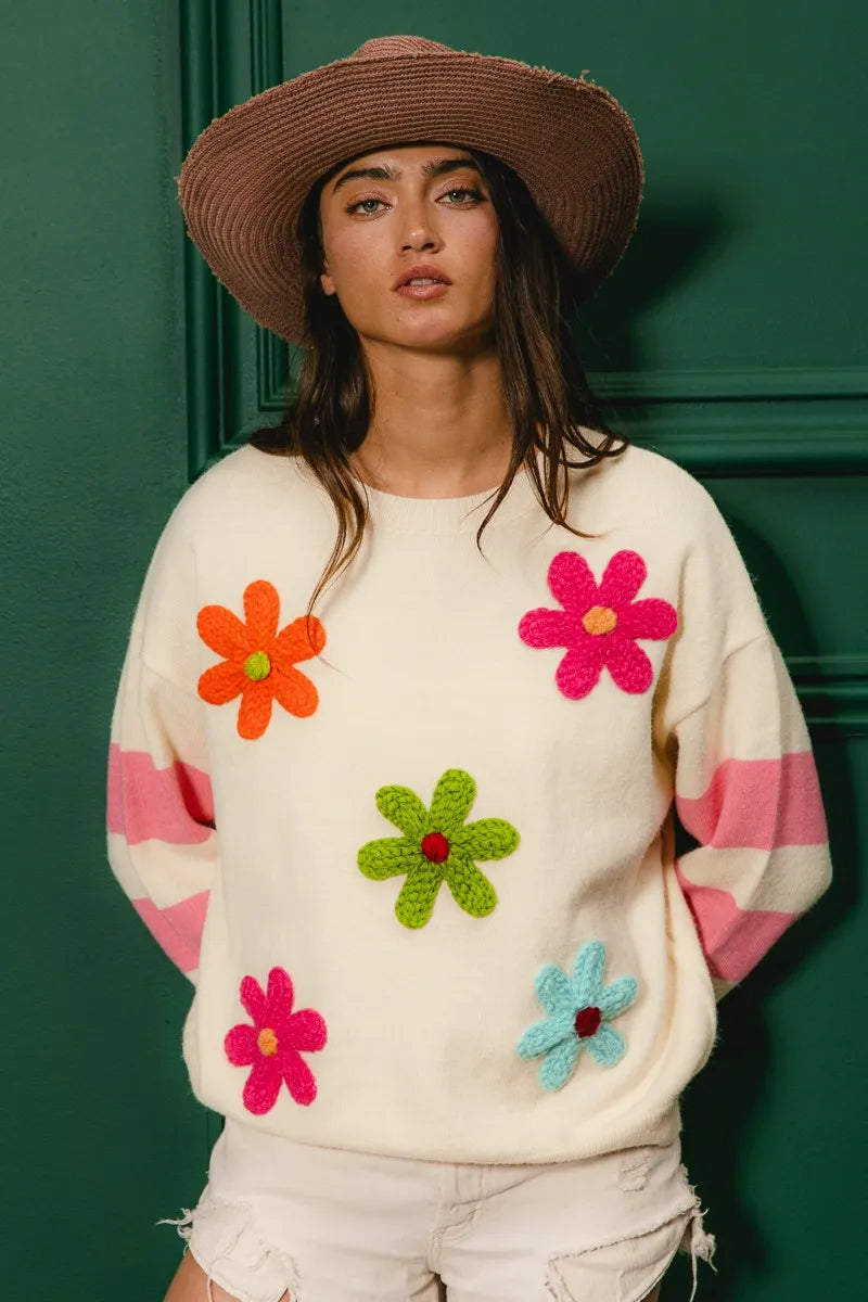 Colorful Floral Patched Sweater with Striped Sleeve at In Style Chics Boutique 