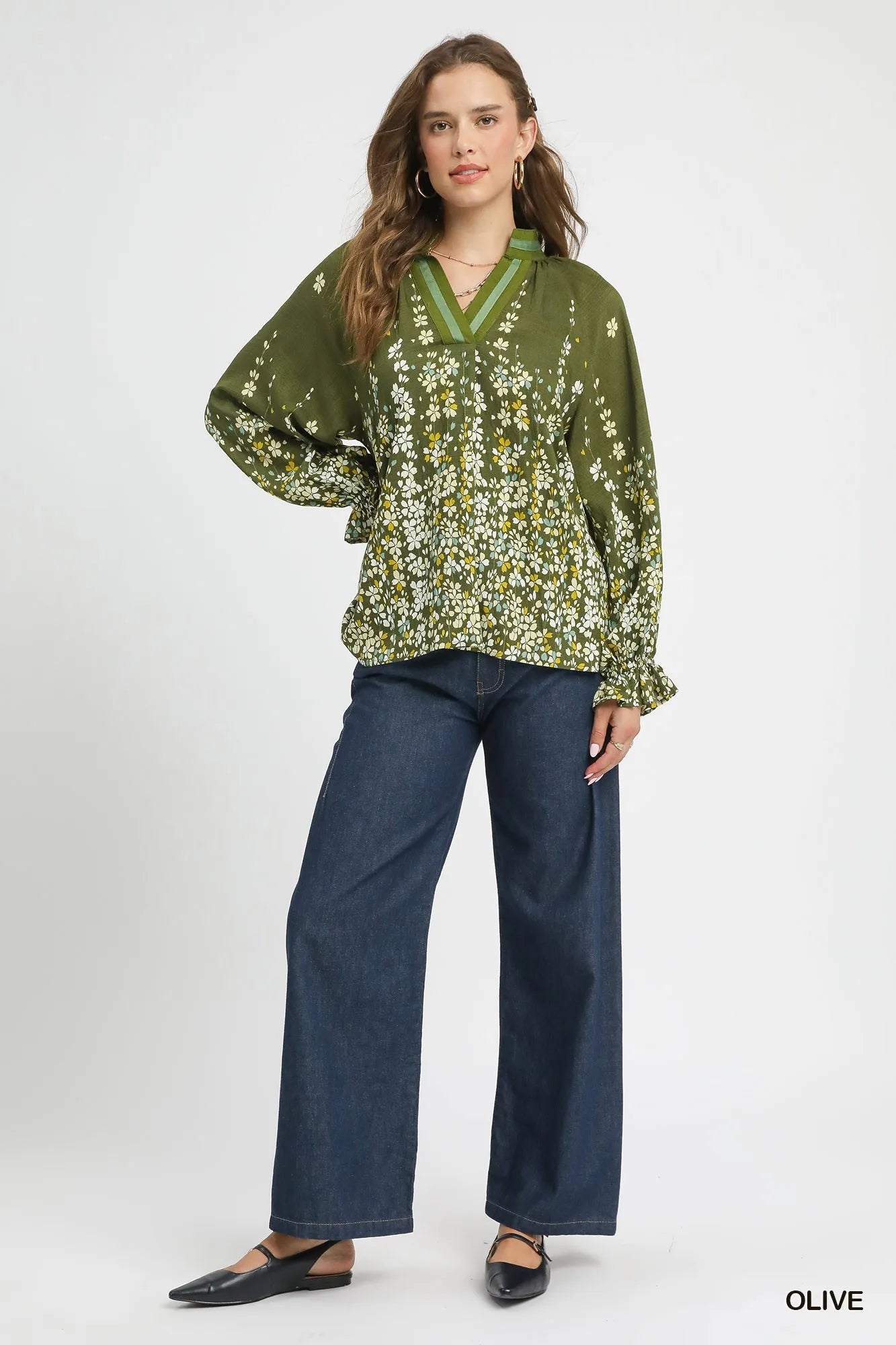 Blouse with Balloon Sleeves Floral Vine Print at In Style Chics Boutique 