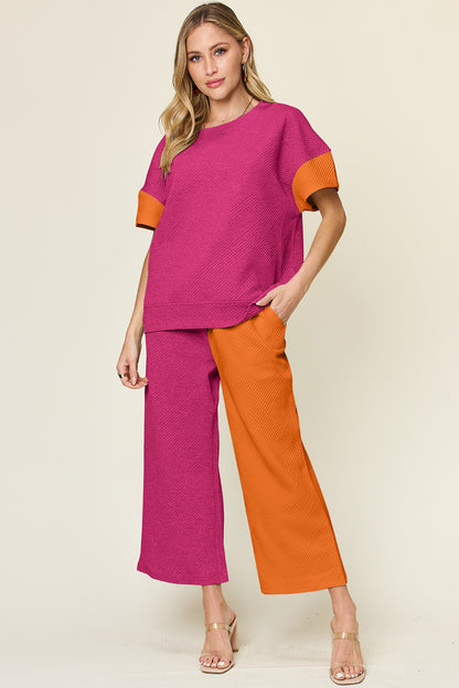 Double Take Full Size Texture Contrast T-Shirt and Wide Leg Pants Set - More Colors! - In Style Chics Boutique LLC