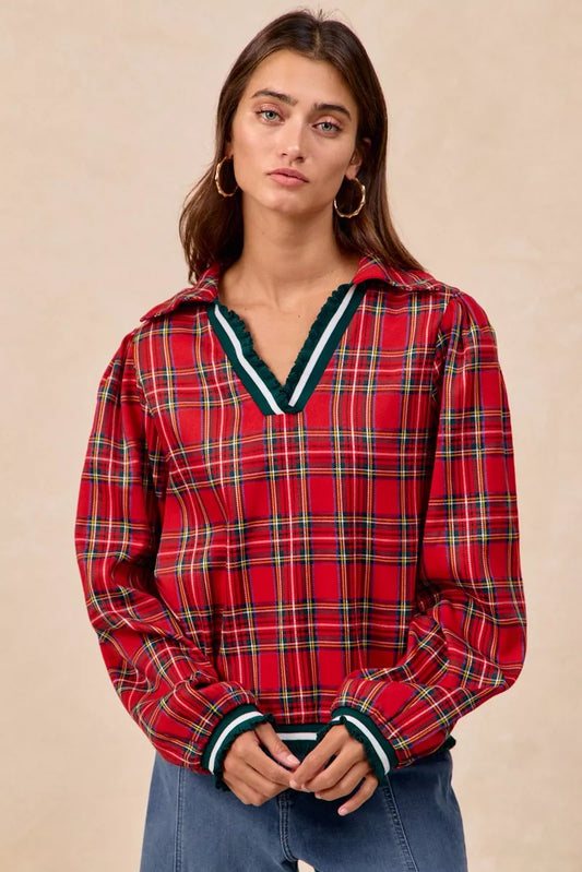 Christmas Plaid Collared Top with Ruffled Detail at In Style Chics Boutique 🎁