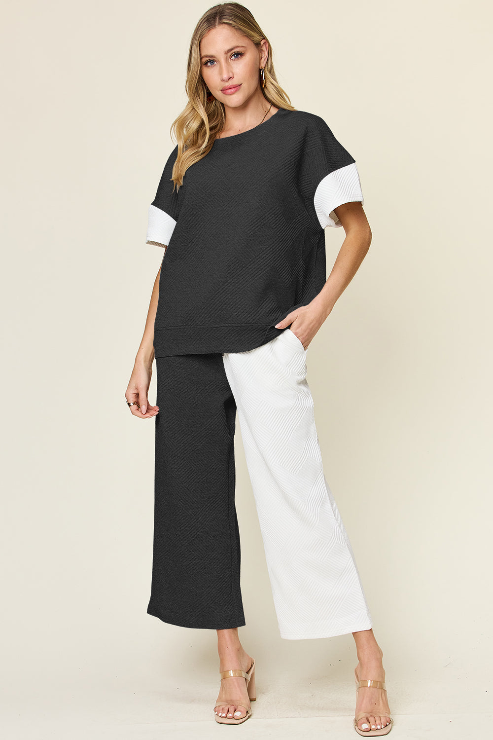 Double Take Full Size Texture Contrast T-Shirt and Wide Leg Pants Set - More Colors! - In Style Chics Boutique LLC