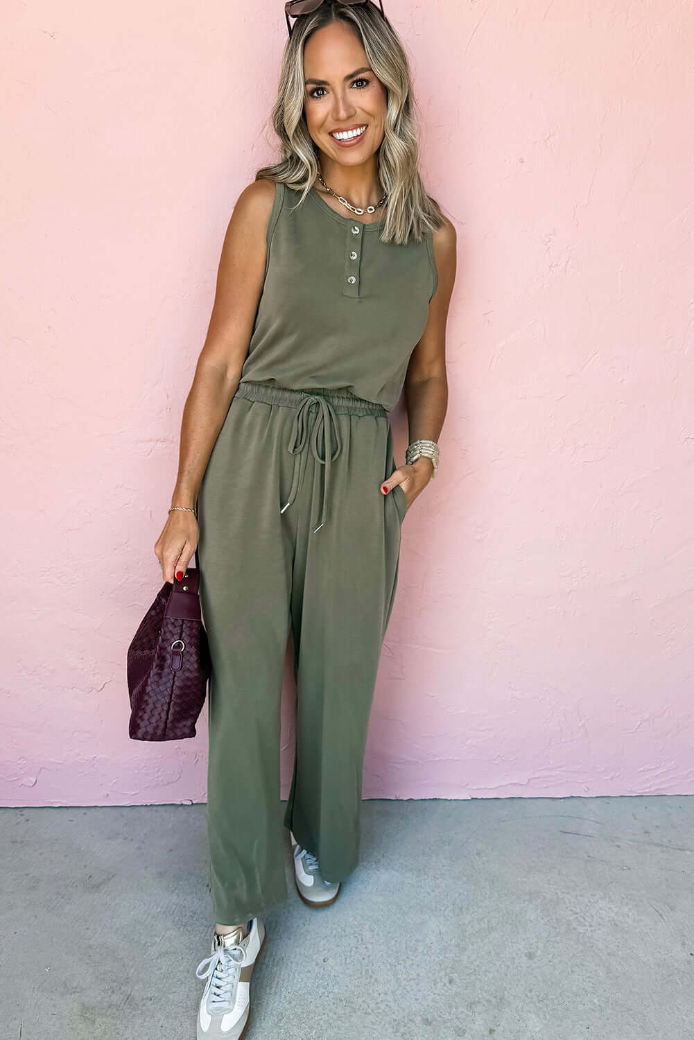 Vineyard Green Buttoned Drawstring Waist Sleeveless Wide Leg Jumpsuit - Cute Clothes Online - In Style Chics Boutique Women's Juniors 