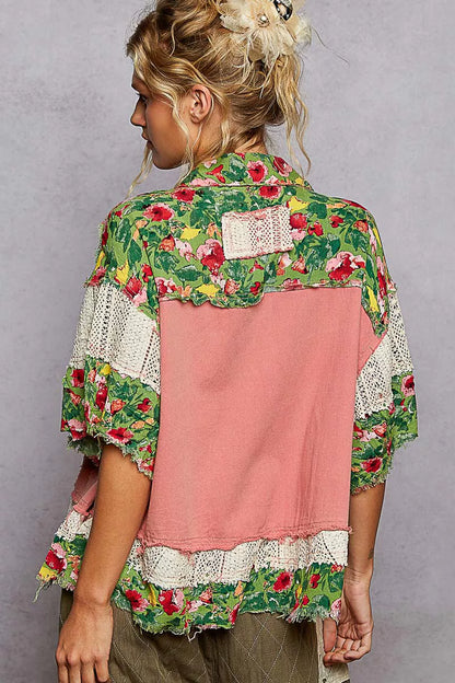 Lace Patch Floral Half Sleeve Shacket at In Style Chics Boutique
