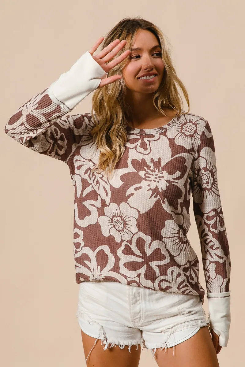 Flower Printed Waffle Thumb Opening Top at In Style Chics Boutique 
