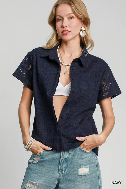 Short Sleeve Button Down Navy Shirt Patch Lace at In Style Chics Boutique 