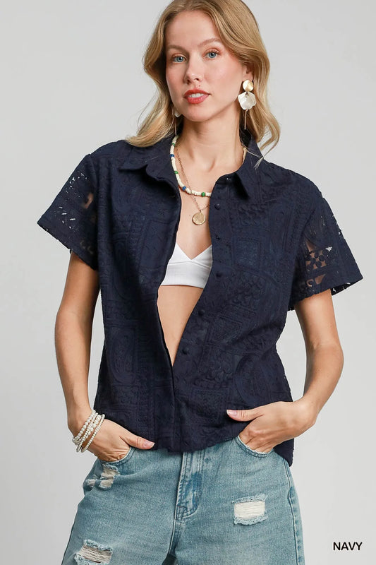 Short Sleeve Button Down Navy Shirt Patch Lace at In Style Chics Boutique 
