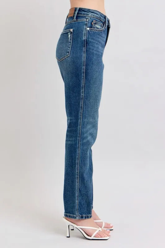 Shop High-waisted Judy Blue rigid magic straight leg jeans in dark denim, featuring a structured front and stretchy back for a comfortable fit at In Style Chics Boutique Regular and Plus Size Jeans 🤍 

