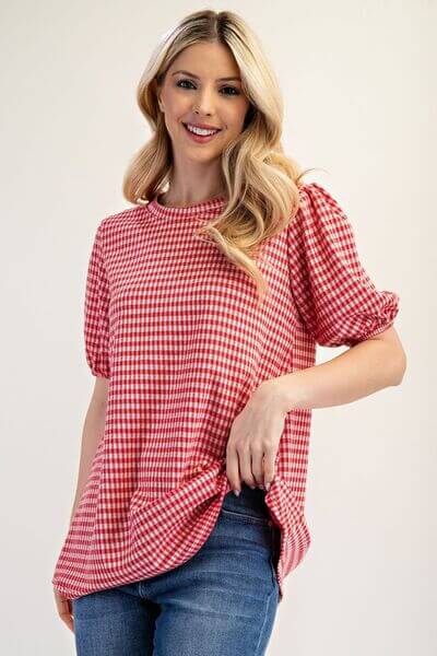 Women's Gingham Print Top With Puff Short Sleeves - In Style Chics Boutique 