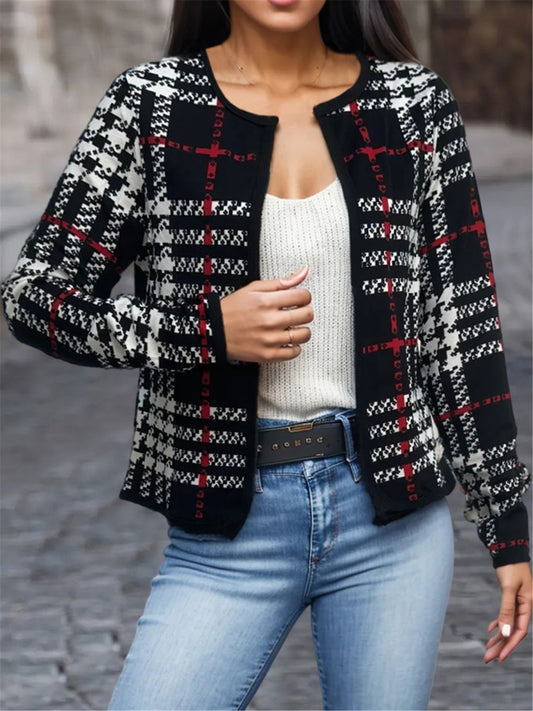 Plaid Open Front Long Sleeve Jacket - In Style Chics Boutique LLC