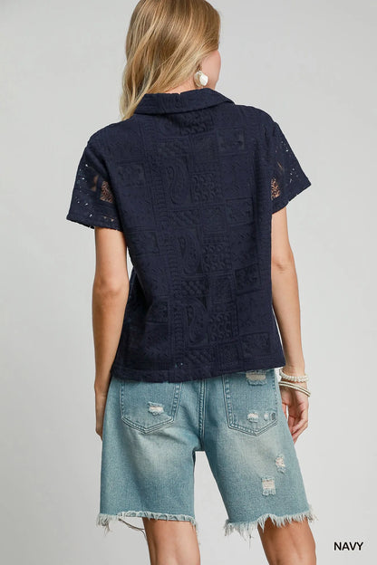 Short Sleeve Button Down Navy Shirt Patch Lace at In Style Chics Boutique 
