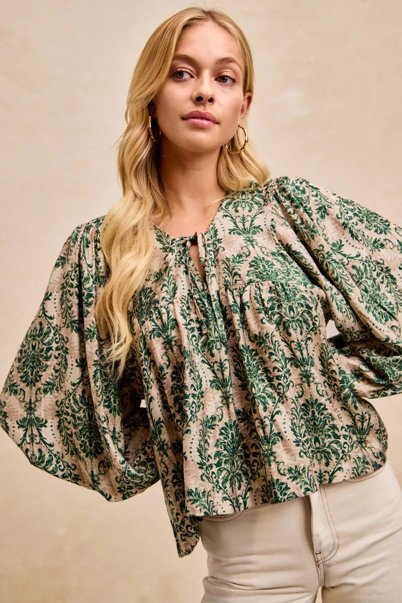 Printed Woven Front Tied Blouse with Balloon Sleeve at In Style Chics Boutique 