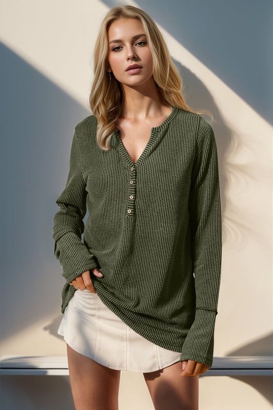 Double Take Full Size Notched Thumbhole Long Sleeve Shirt