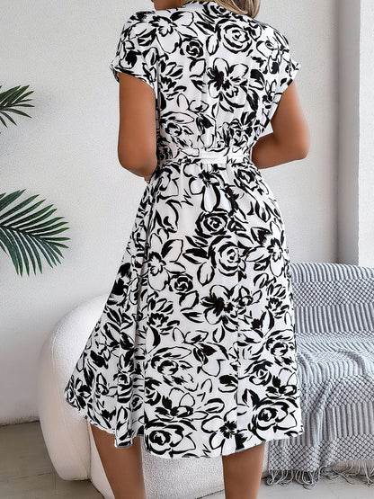 Printed V-Neck Short Sleeve Dress - In Style Chics Boutique LLC