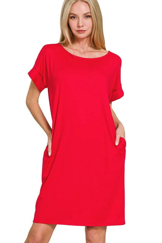 Dress, Rolled Short Sleeve Round Neck - In Style Chics Boutique 