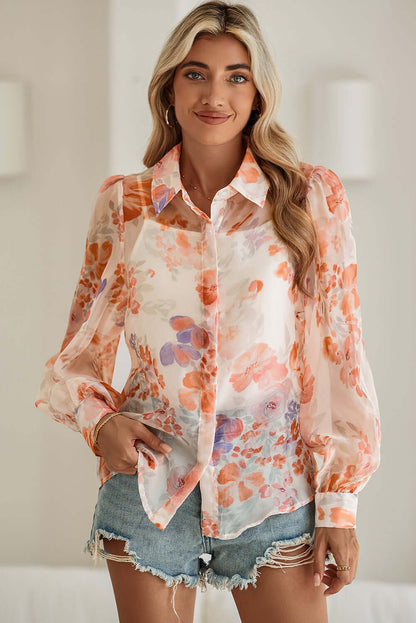 White Floral Print Buttoned Balloon Sleeve Loose Shirt - In Style Chics Boutique Cute Clothes Online Women's Juniors 