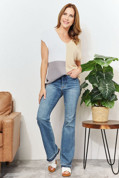 Color Block V-Neck Knit Top - In Style Chics Boutique 
