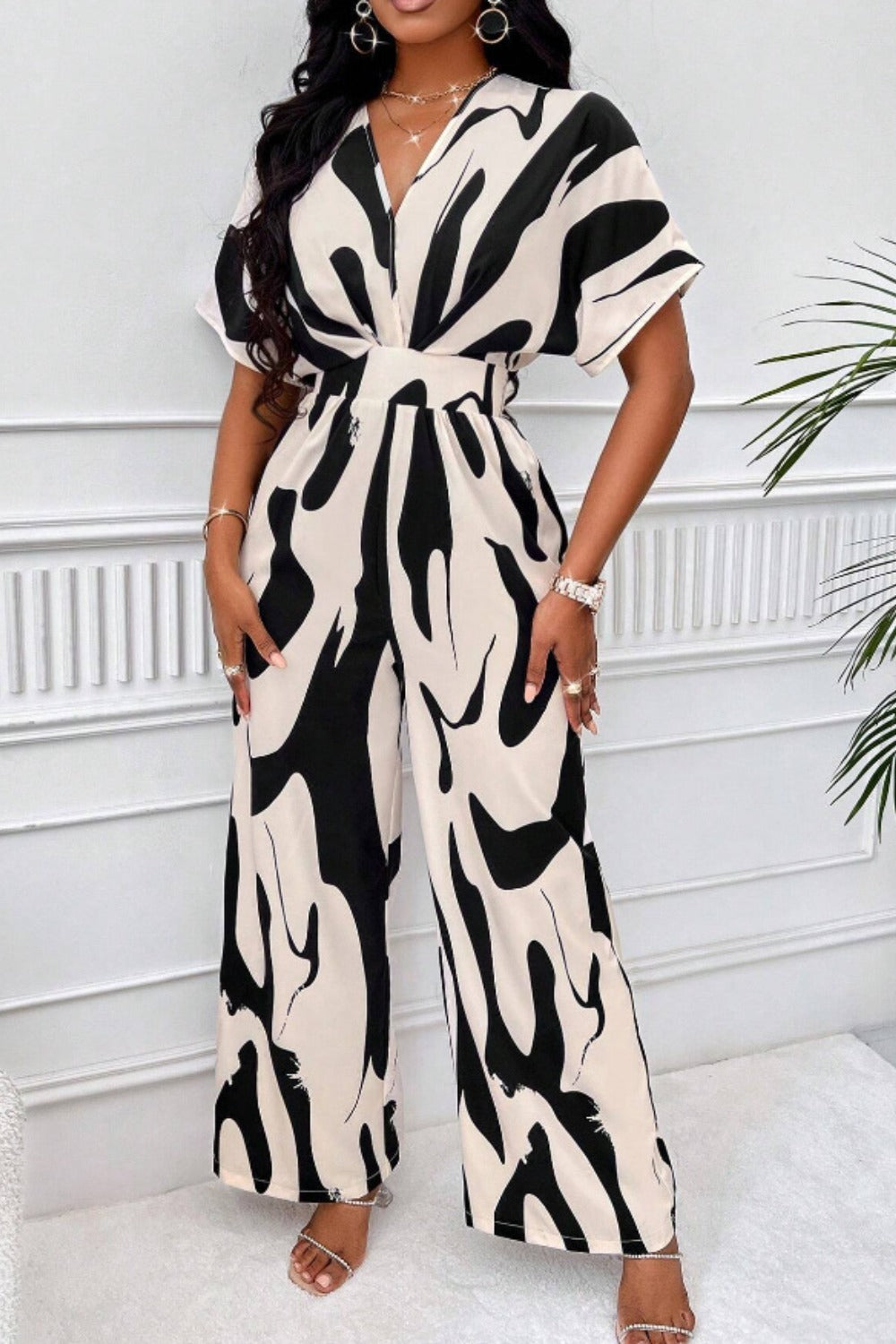 Printed V-Neck Short Sleeve Wide Leg Jumpsuit - In Style Chics Boutique LLC