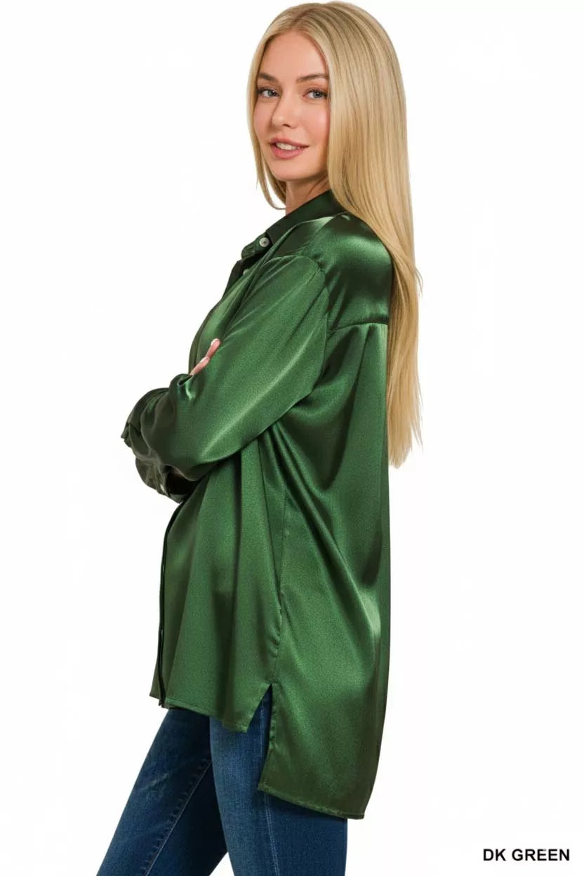 Women's Satin Button Down Long Sleeve Shirt at In Style Chics Boutique 