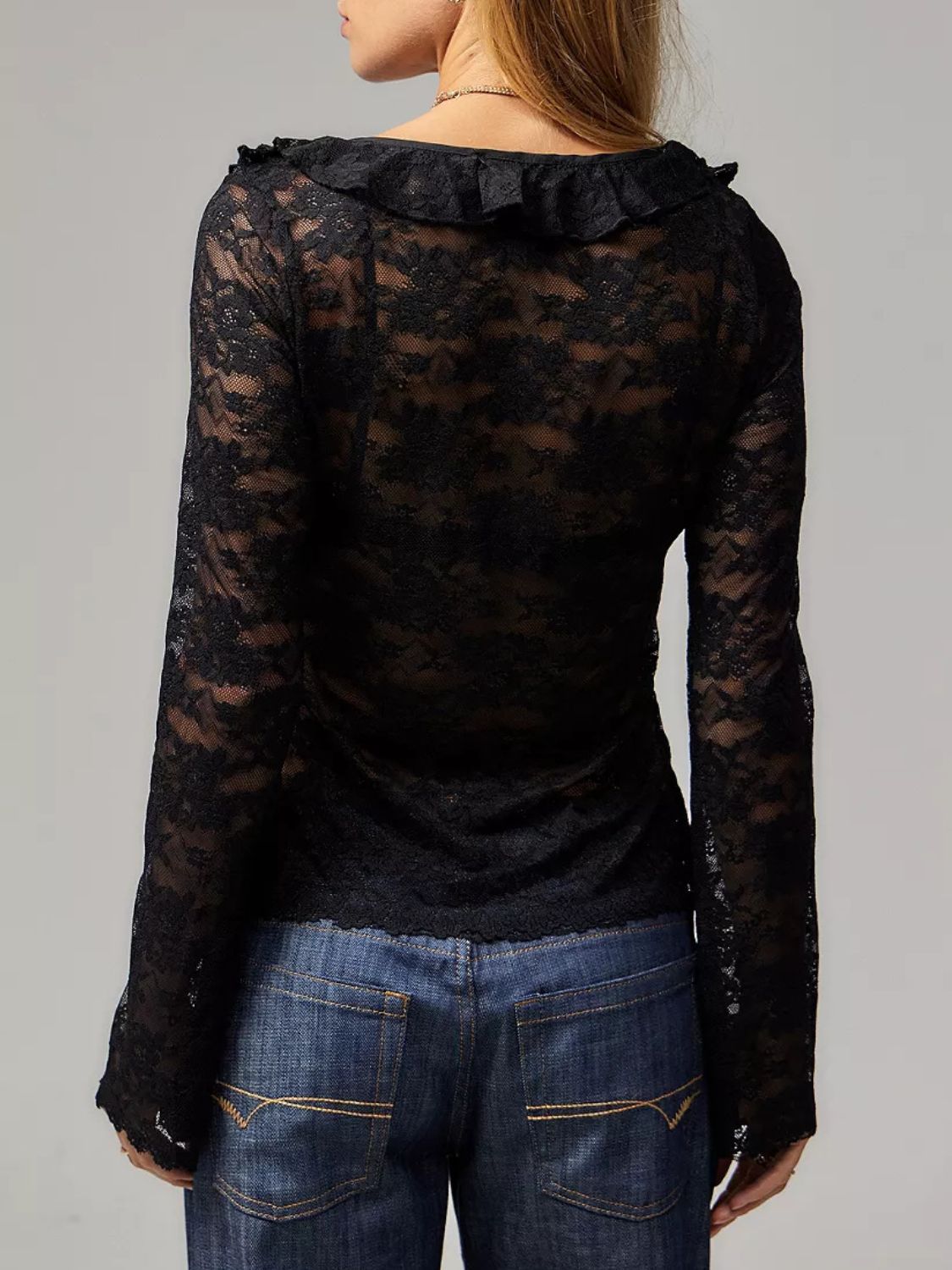 Tied V-Neck Long Sleeve Lace Shirt