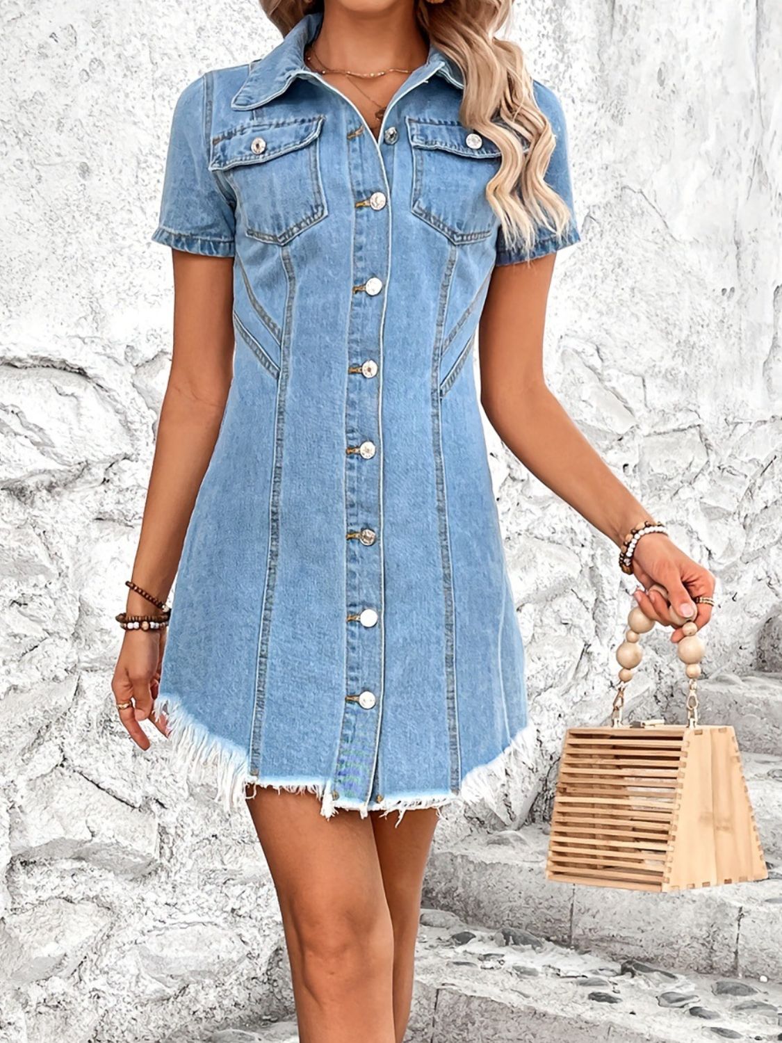 Raw Hem Button Up Short Sleeve Denim Dress - In Style Chics Boutique LLC