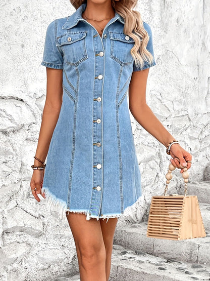 Raw Hem Button Up Short Sleeve Denim Dress - In Style Chics Boutique LLC