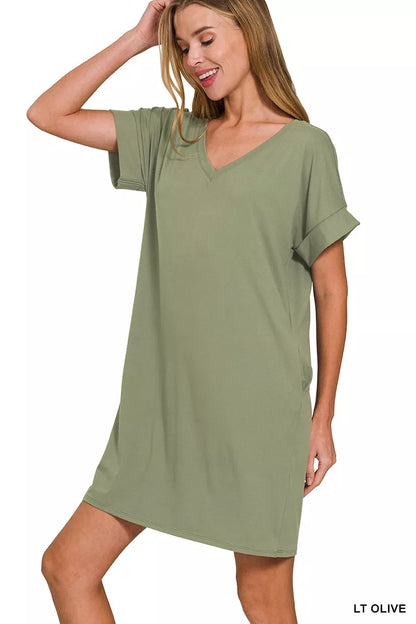 Zenana Brushed DTY Rolled Short Sleeve V-Neck Dress