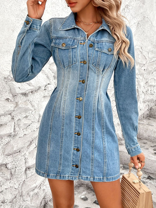 Pocketed Button Up Long Sleeve Denim Dress - In Style Chics Boutique LLC