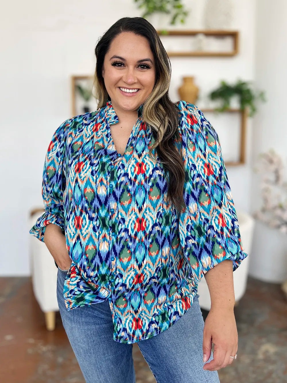 Printed Balloon Sleeve Blouse 💙 Shop Deals at In Style Chics Boutique 
