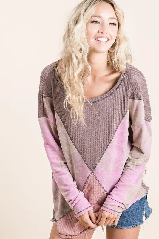 Thermal Waffle Color Block Top with Tie Dye Shop Cute Fall Styles at In Style Chics Boutique