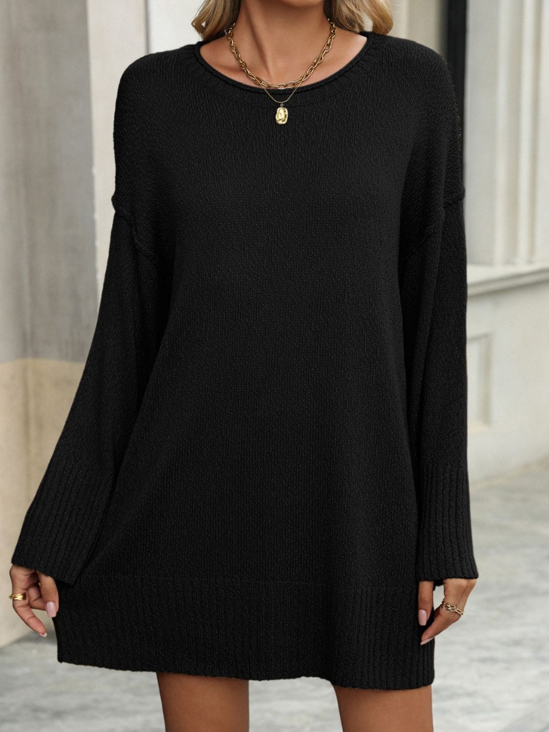 Round Neck Dropped Shoulder Sweater - In Style Chics Boutique LLC