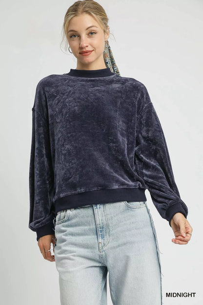 Velour Crewneck Sweatshirt with Balloon Sleeves at In Style Chics Boutique 