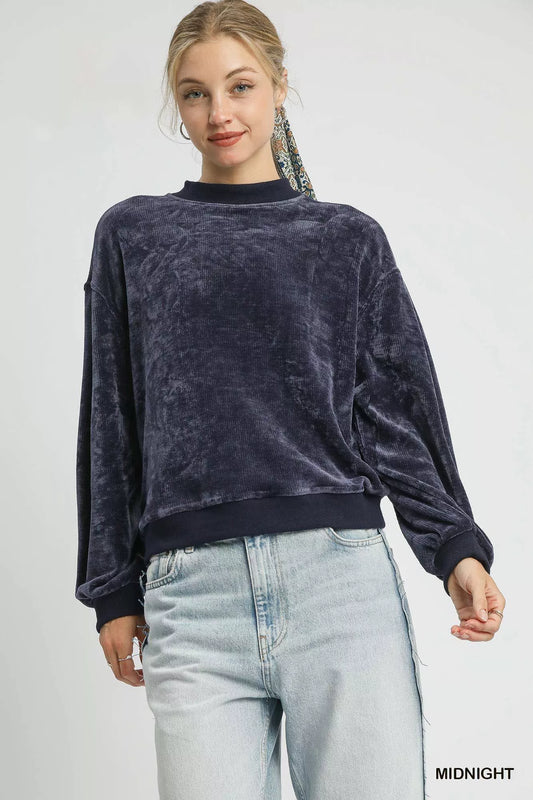 Velour Crewneck Sweatshirt with Balloon Sleeves at In Style Chics Boutique 
