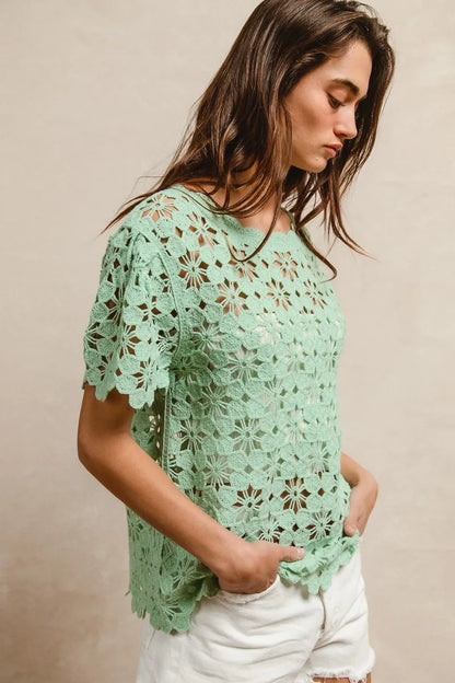 Openwork Crochet Short Sleeve Knit Top at In Style Chics Boutique 