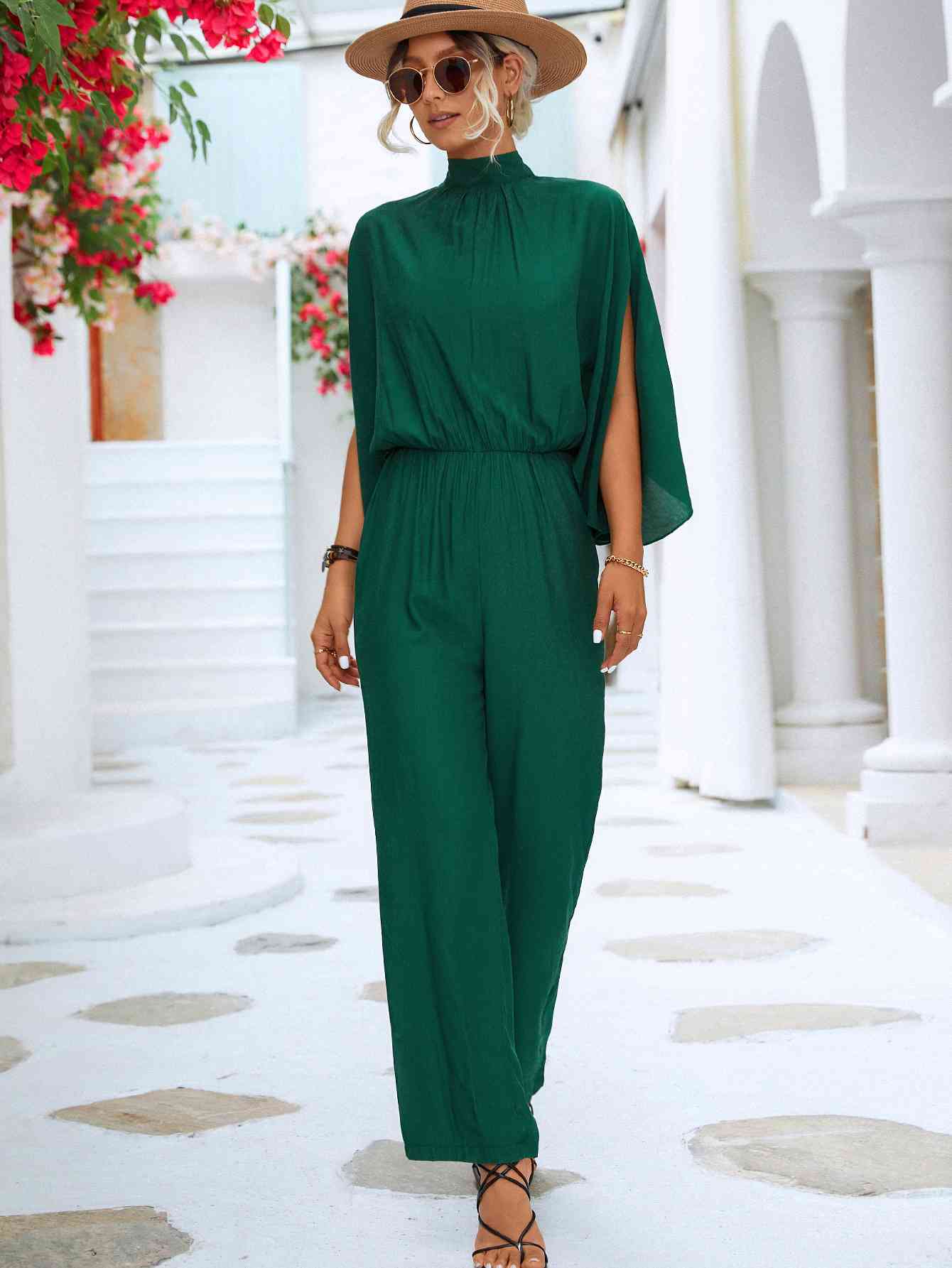 Tie Back Mock Neck Split Sleeve Jumpsuit - In Style Chics Boutique