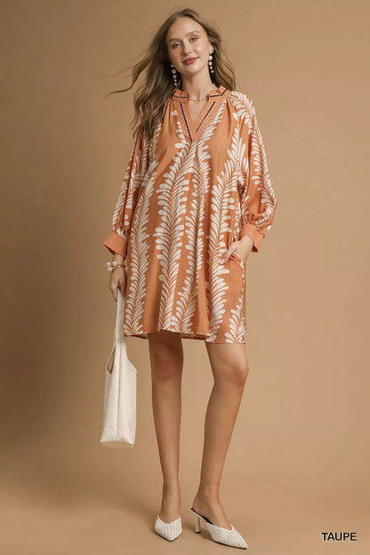 Leaf Print Notched Mini Babydoll Dress at In Style Chics Boutique 