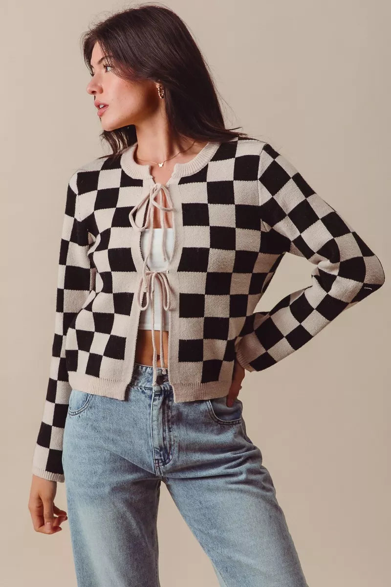 Shop Tie Front Checkered Knitted Round Neck Cardigan at In Style Chics Boutique