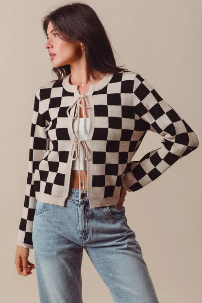 Shop Tie Front Checkered Knitted Round Neck Cardigan at In Style Chics Boutique