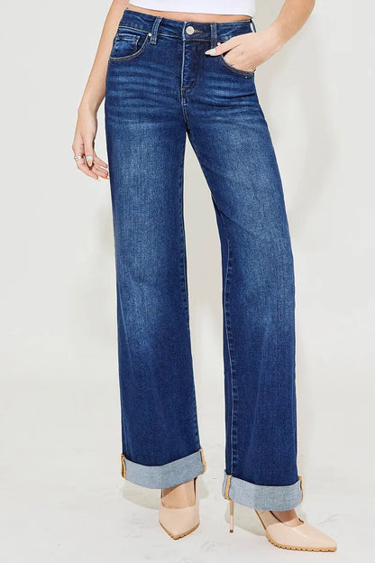 RISEN Tummy Control High Rise Wide Leg Cuffed Jeans - In Style Chics Boutique Women's Juniors Plus Size Clothes Online