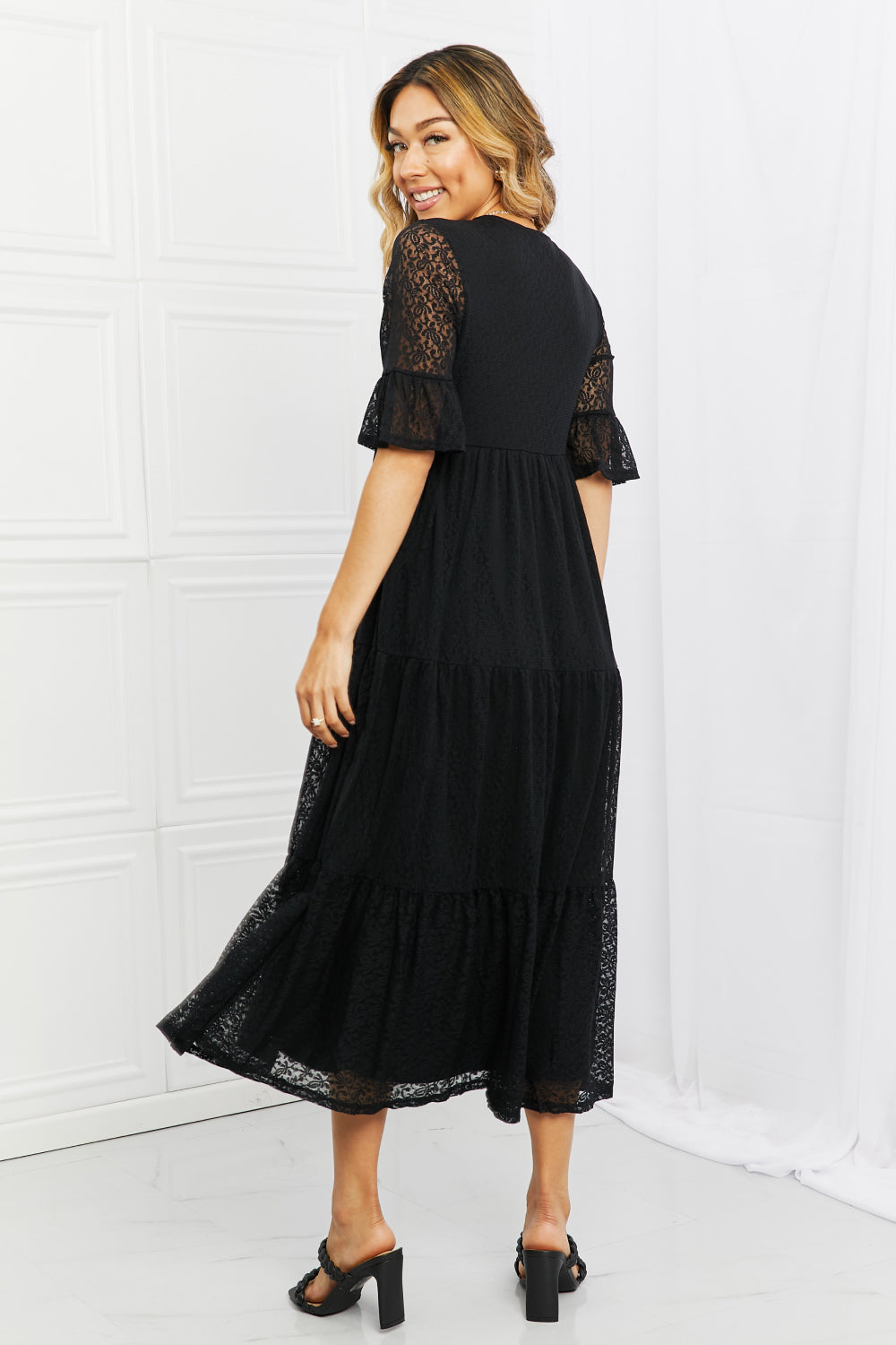 Black Lace Dress, Midi Tiered - Made in USA - In Style Chics Boutique Women's Clothes Plus Size 