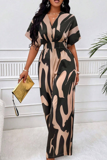 Printed V-Neck Short Sleeve Wide Leg Jumpsuit - In Style Chics Boutique LLC